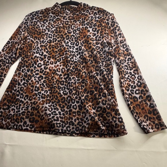 Tops - Leopard Print Mesh Mock Neck Long Sleeve Top Brown Black Animal Print Lined